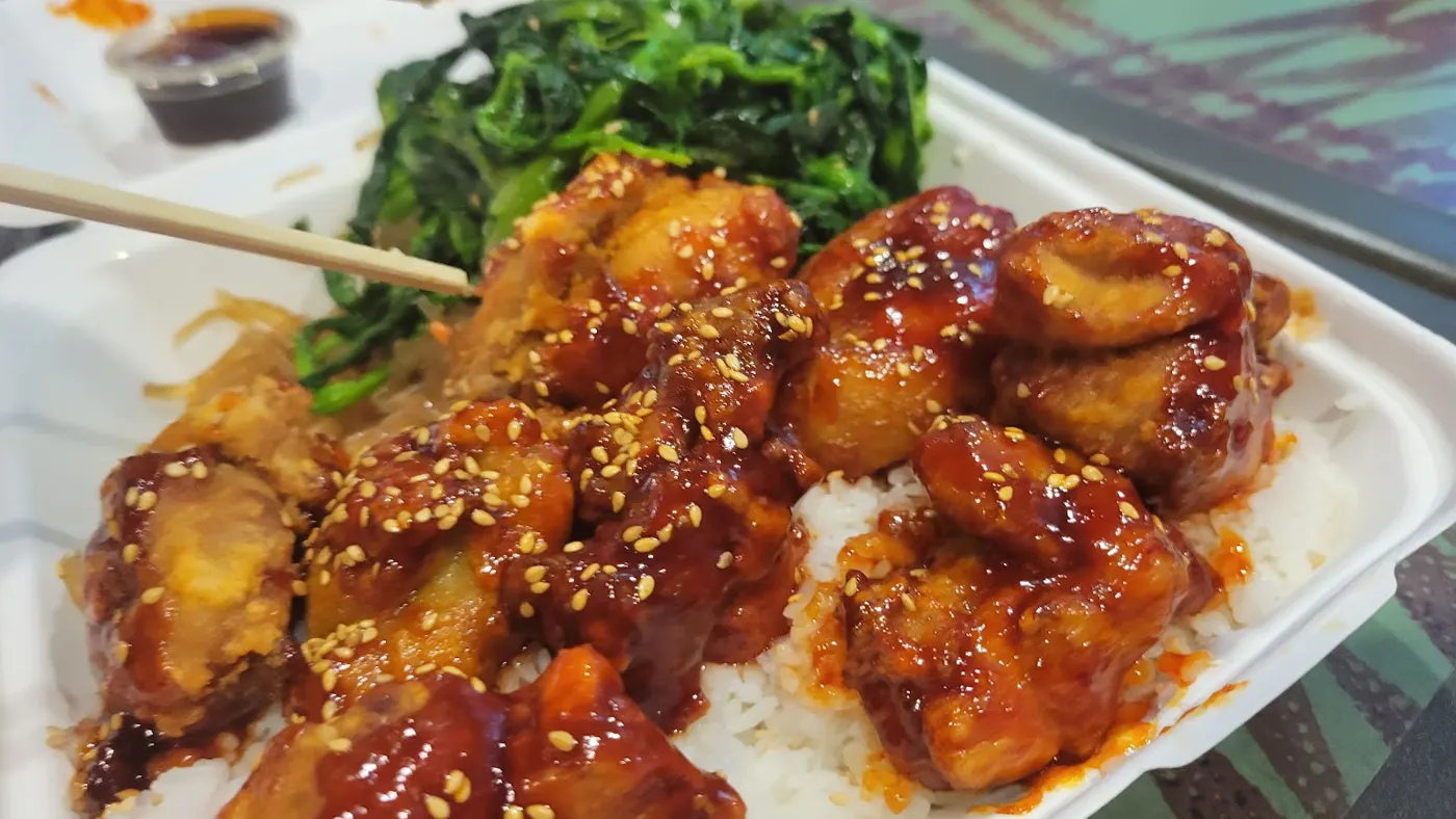A spicy, sauce-glazed plate from Bull Kogi